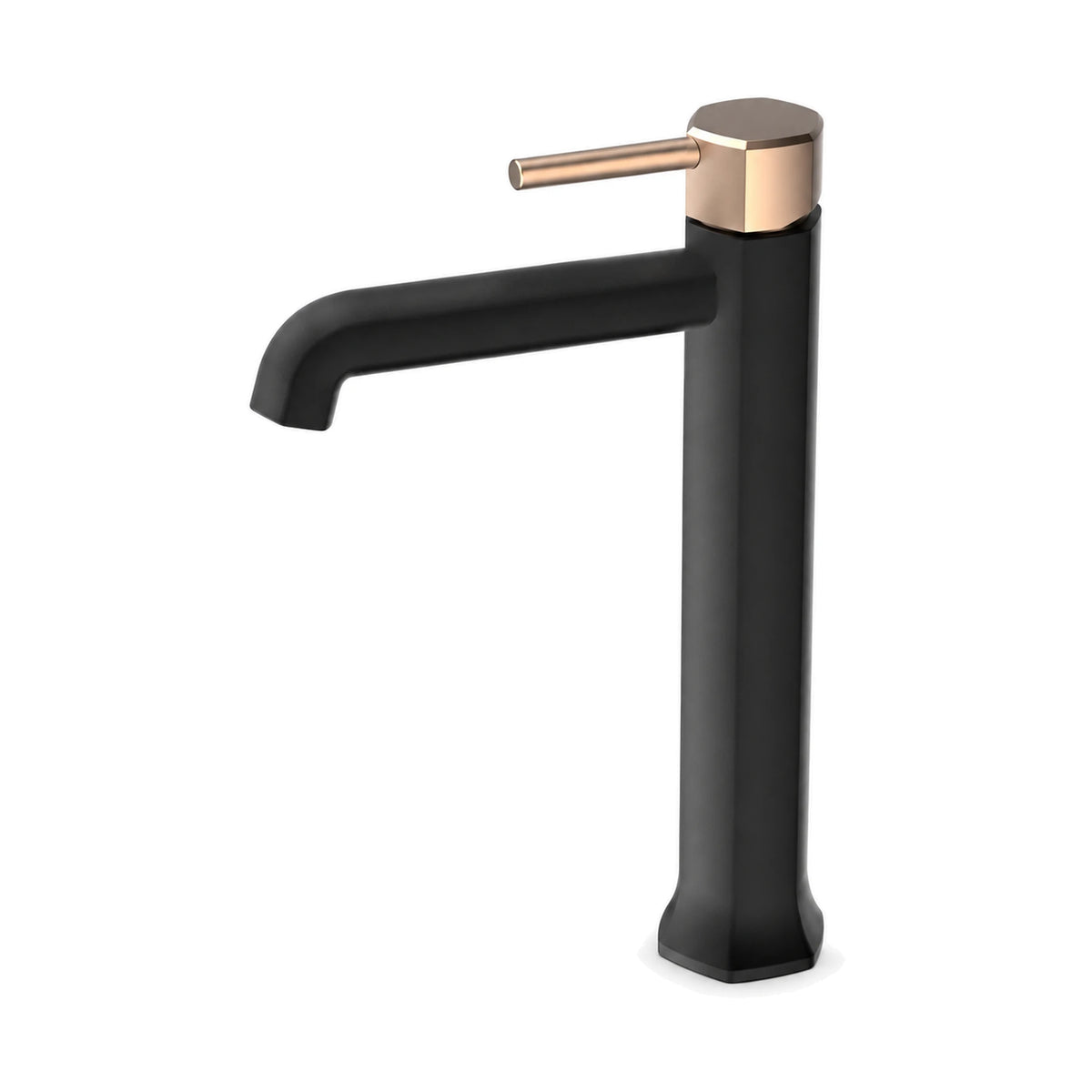 Matte black six-facet single hole bathroom faucet with six-sided rose gold top cap and rose gold pin lever, tall vessel height — SANIKB B1026 02 10 5