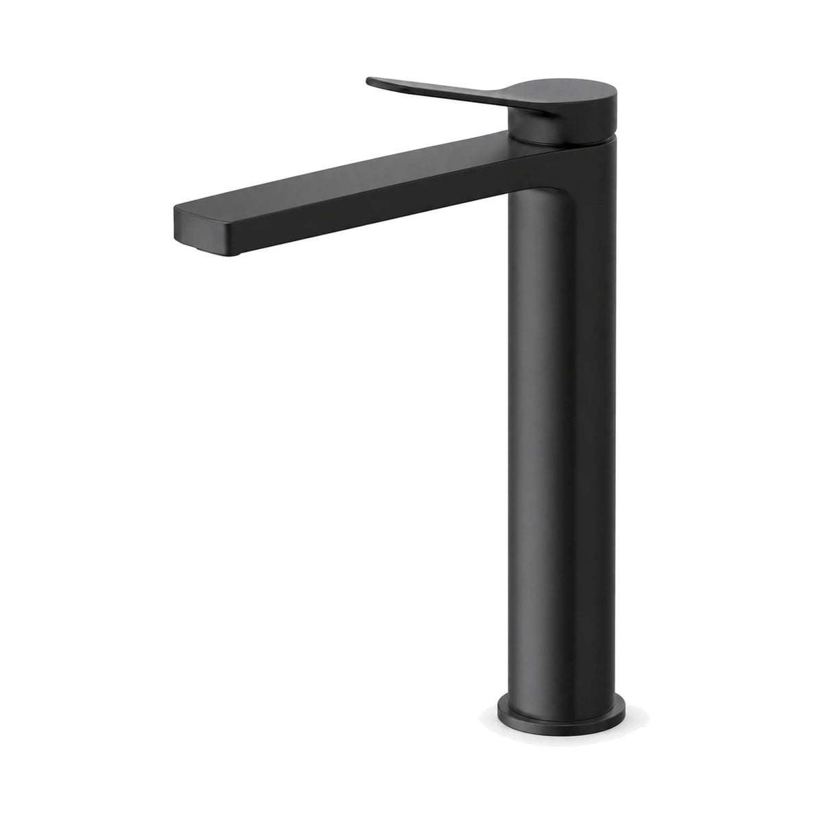 Matte black single hole bathroom faucet with curved blade lever, flat rectangular spout and round base, tall vessel height — SANIKB B091 02 31 1