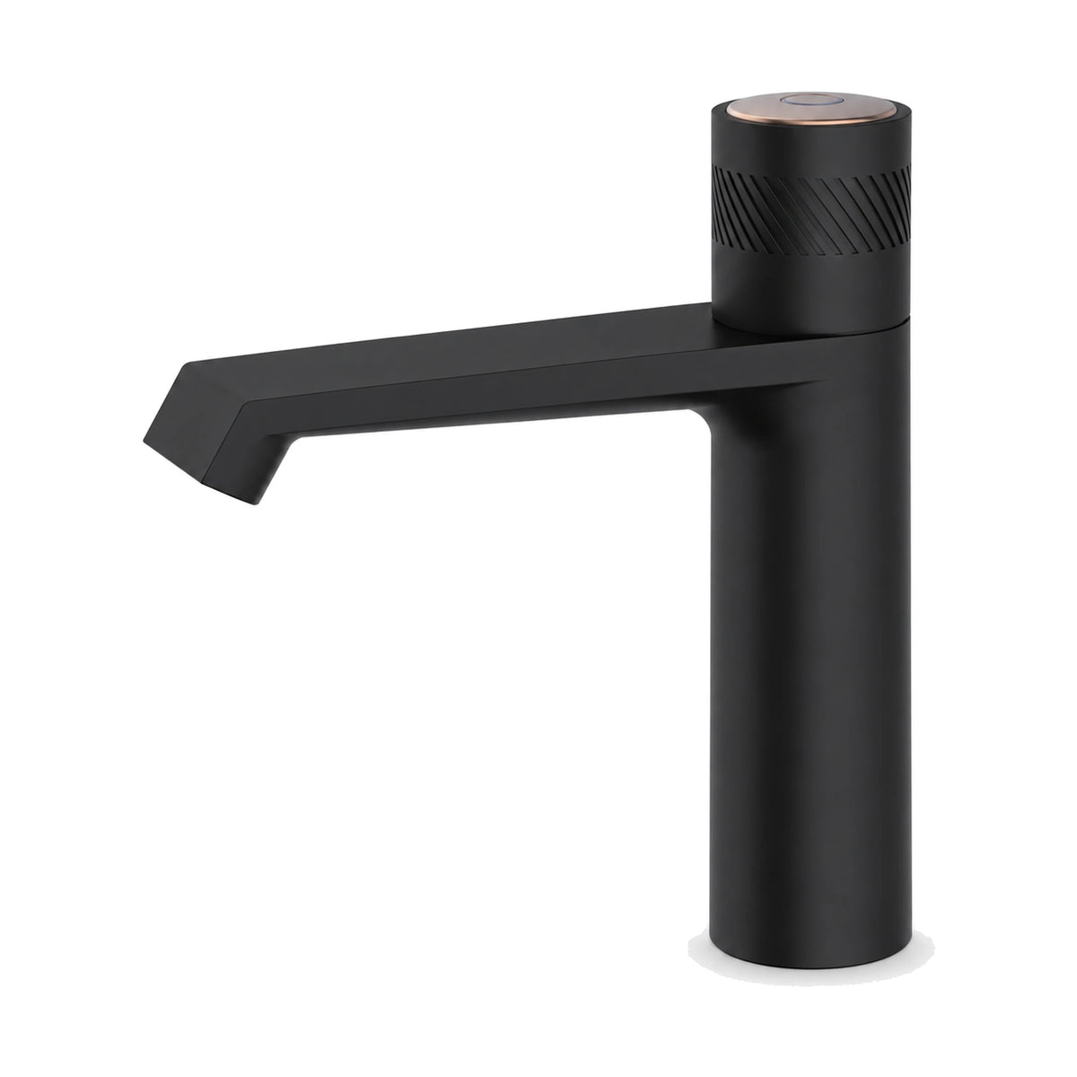 Matte Black — Matte black tall slim round bathroom faucet with knurled cap handle and angled flat spout — SANIKB DL-01 121-BK