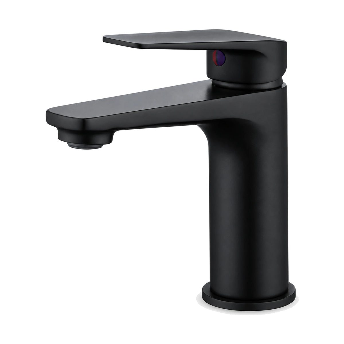 Matte Black tall slim round column bathroom faucet with thin flat straight spout and tapered paddle lever — SANIKB DL-01 076-BK