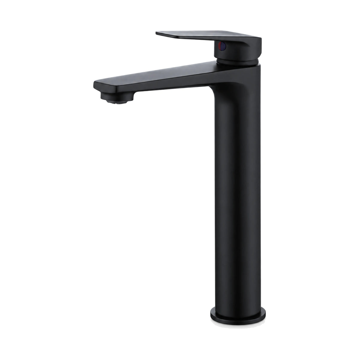 Matte Black tall slim round column bathroom faucet with thin flat straight spout and tapered paddle lever — SANIKB DL-01 075-BK