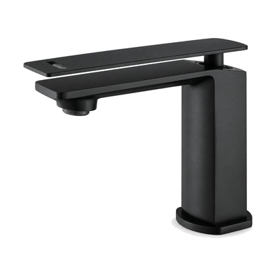 Matte Black — Matte black rectangular column bathroom faucet with thin plate spout and slotted flat plate lever above it — SANIKB DL-01 130-BK