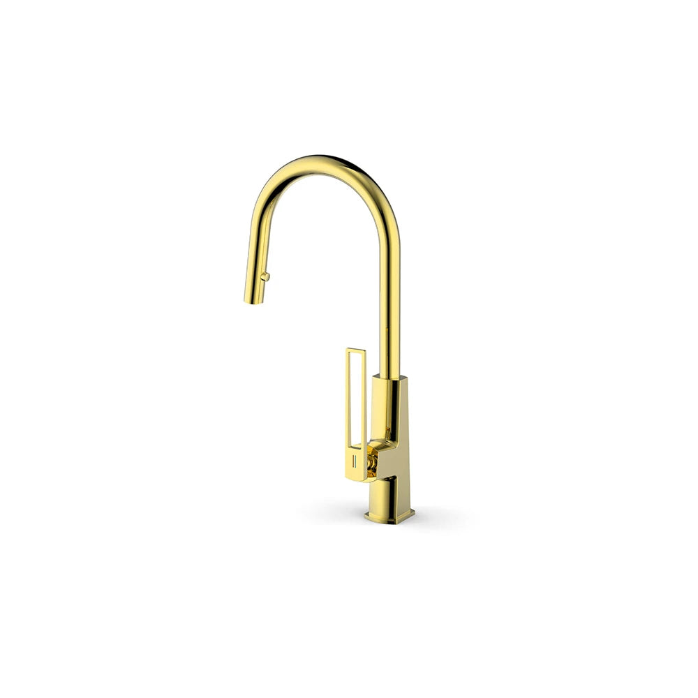 Brushed gold smart pull-down kitchen faucet, brass, high-arc gooseneck spout, open-frame lever — SANIKB FYF-05057.