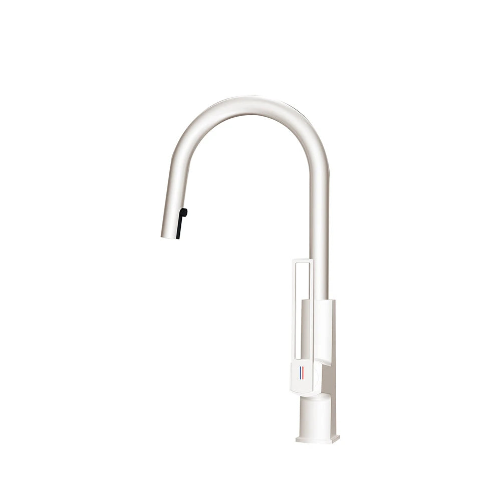 Matte white smart pull-down kitchen faucet, brass, tall gooseneck with cutout lever handle — SANIKB FYF-05057.