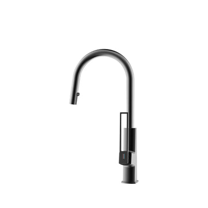 Matte black smart pull-down kitchen faucet, brass, high-arc gooseneck and open-lever handle — SANIKB FYF-05057.