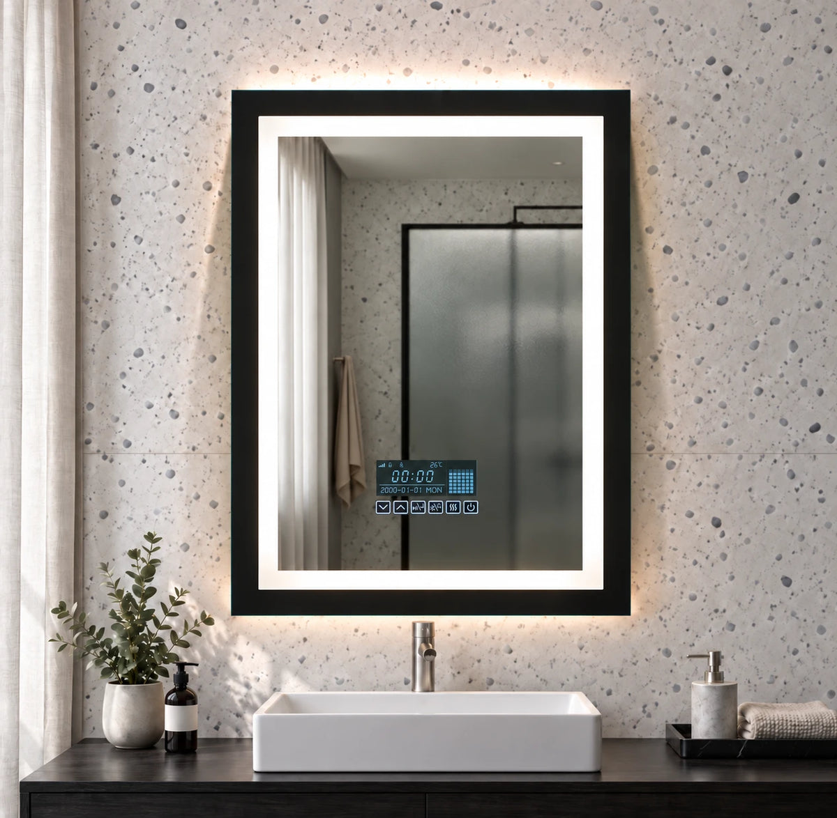 Square Corner Inset LED Mirror with Display — full product view; KS-1012