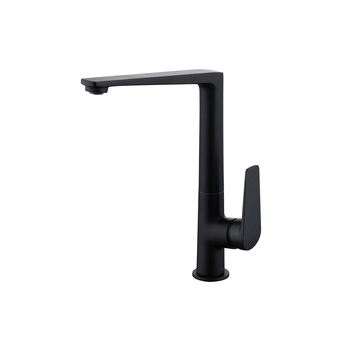 Matte black square kitchen faucet, brass body, tall right-angle spout, paddle handle — SANIKB FYF-05001