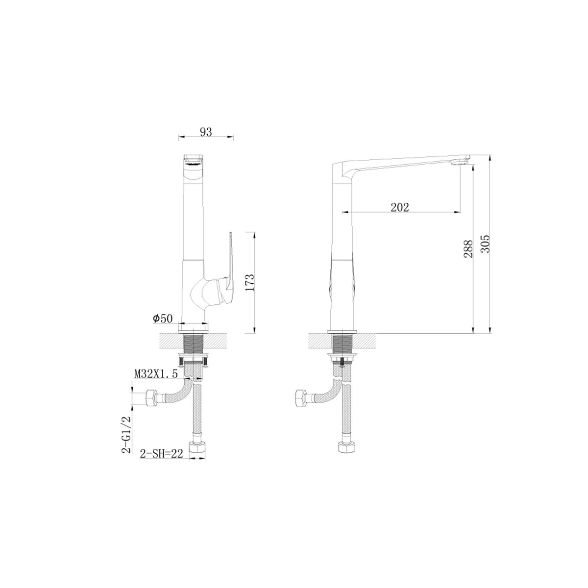 Dimensioned spec drawing for SANIKB FYF-05001 square kitchen faucet, 305mm tall high-arc body