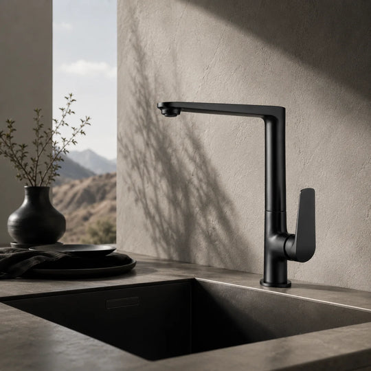 Square kitchen faucet brass, installed kitchen lifestyle scene — SANIKB FYF-05001