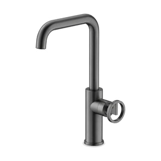 Gun metal grey kitchen faucet with side wheel handle and tall tube spout bent at right angles — SANIKB K088 03 45 1