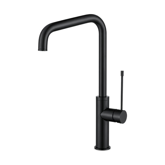 Matte black kitchen faucet with sharply bent inverted-U tube spout and long pin lever on side hub — SANIKB DL-05 090-BK