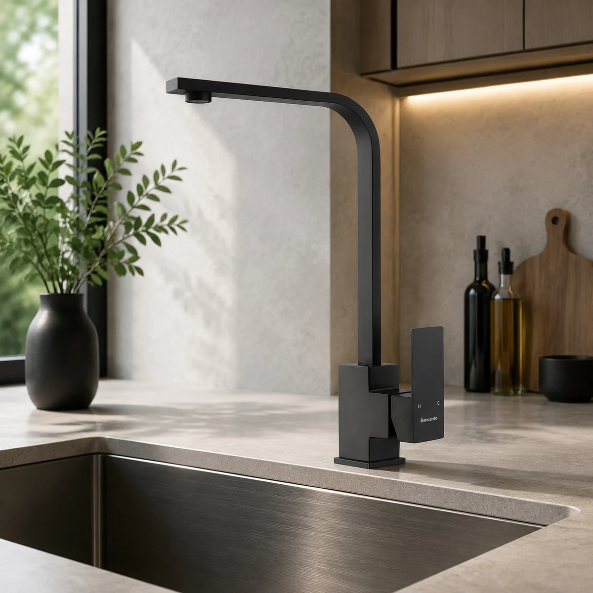 Square kitchen faucet stainless steel, installed kitchen lifestyle scene — SANIKB FYF-05044