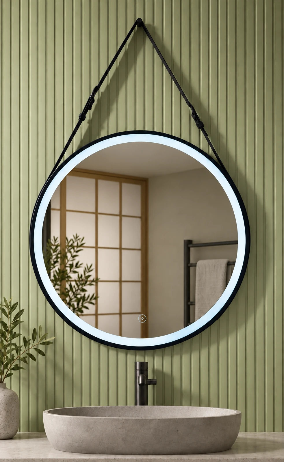 Strap Hung Round LED Bathroom Mirror — full product view; KS-3004