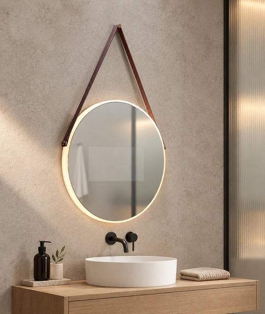 Strap Hung Round LED TV Mirror — catalog detail view; KS-5002