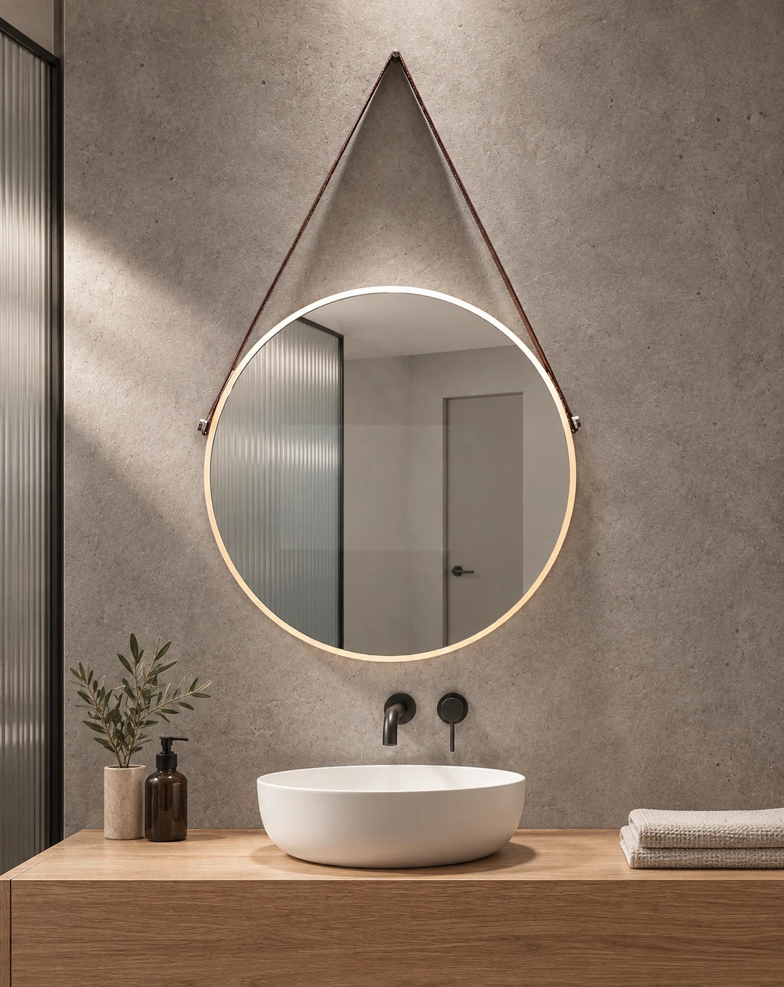 Strap Hung Round LED TV Mirror — full product view; KS-5002