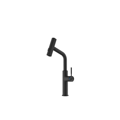 Matte black swivel spout kitchen faucet, stainless steel, side lever with blue temp display — SANIKB FYF-05191