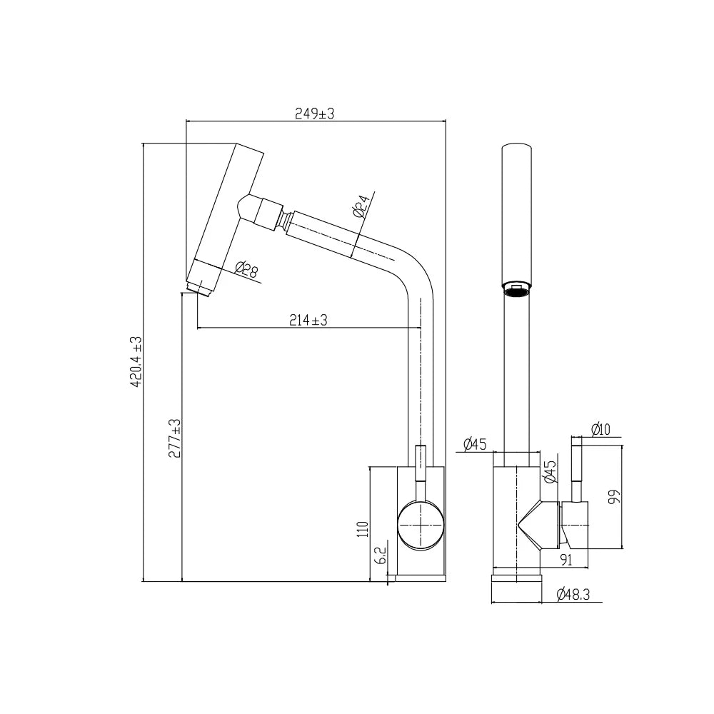 Dimensioned spec drawing for SANIKB FYF-05053 swivel spout kitchen faucet.