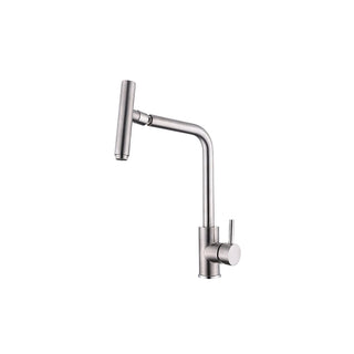 Brushed nickel swivel spout kitchen faucet, stainless steel body, articulating cylindrical spray nozzle — SANIKB FYF-05053.