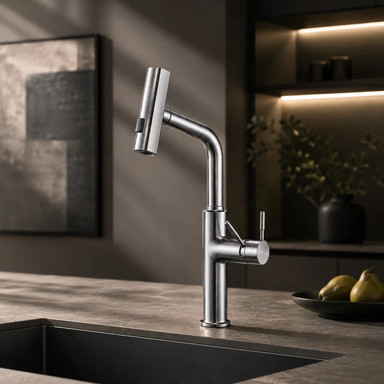 Swivel spout kitchen faucet stainless steel, installed kitchen lifestyle scene — SANIKB FYF-05191