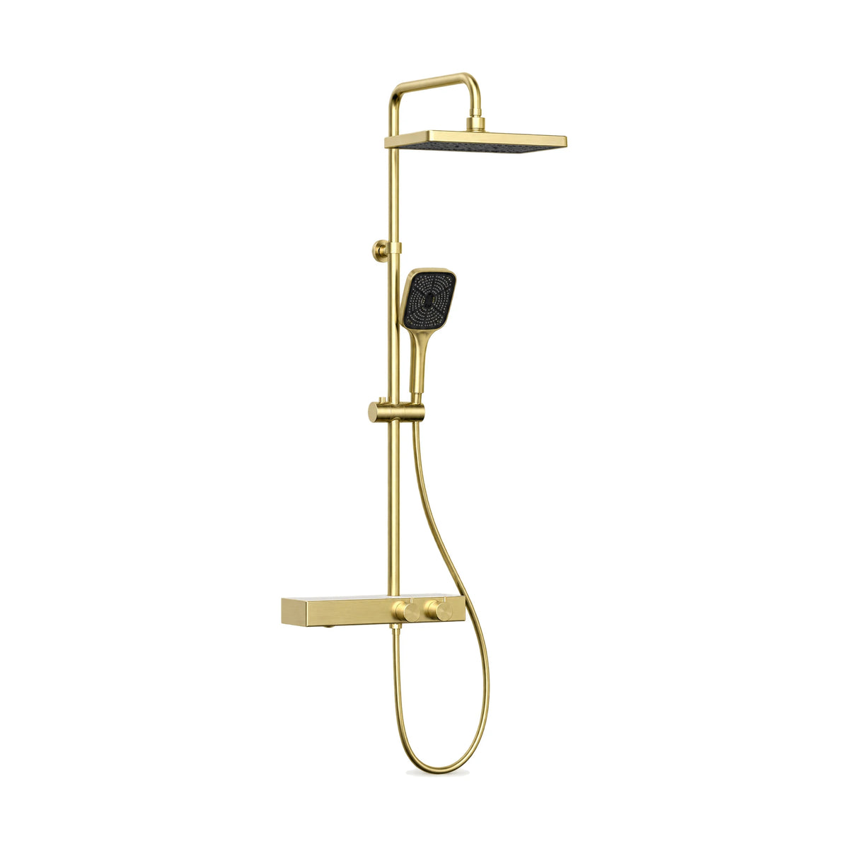 Brushed gold thermostatic shower column with square rain head, square handheld and shelf-top mixer — SANIKB SC133A 12 43 2
