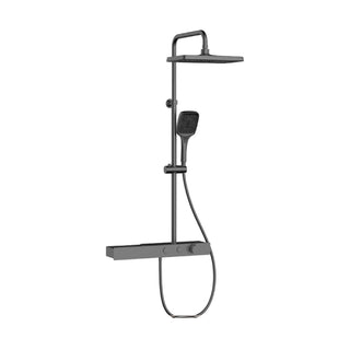 Gun metal grey thermostatic shower column with square rain head, square handheld and long shelf mixer — SANIKB SC814B 12 31 8