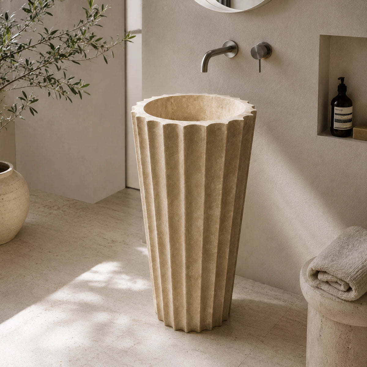 Travertine Fluted Pedestal Basin