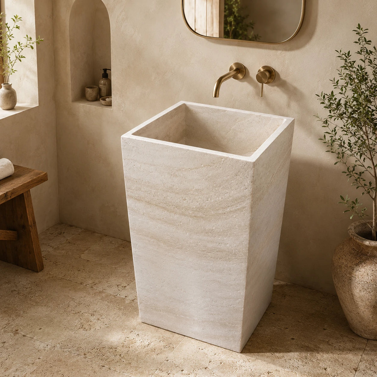 Travertine Square Freestanding Pedestal Basin