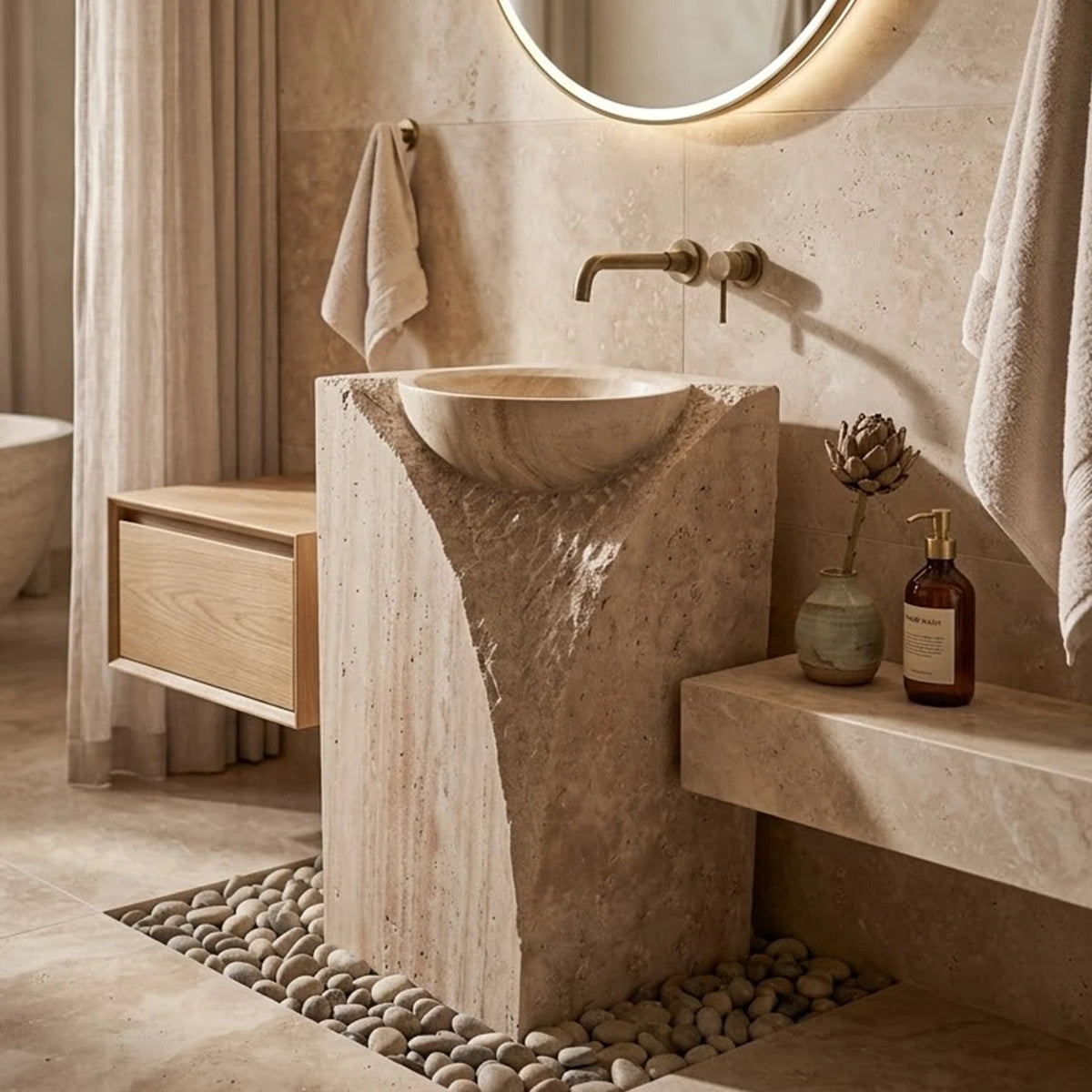 Travertine Square Pedestal Basin