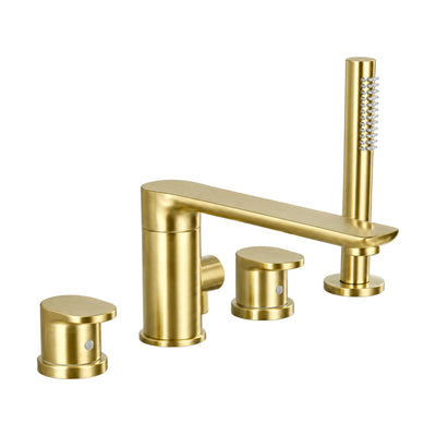 Brushed gold 4-hole tub faucet with long flat spout, side knob, two cap knob valves and stick handheld — SANIKB SB570 12 43 1