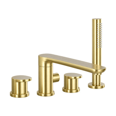Brushed gold 3-piece tub faucet with long flat spout, side knob, flat blade lever mixer and stick handheld — SANIKB SB571 12 43 1