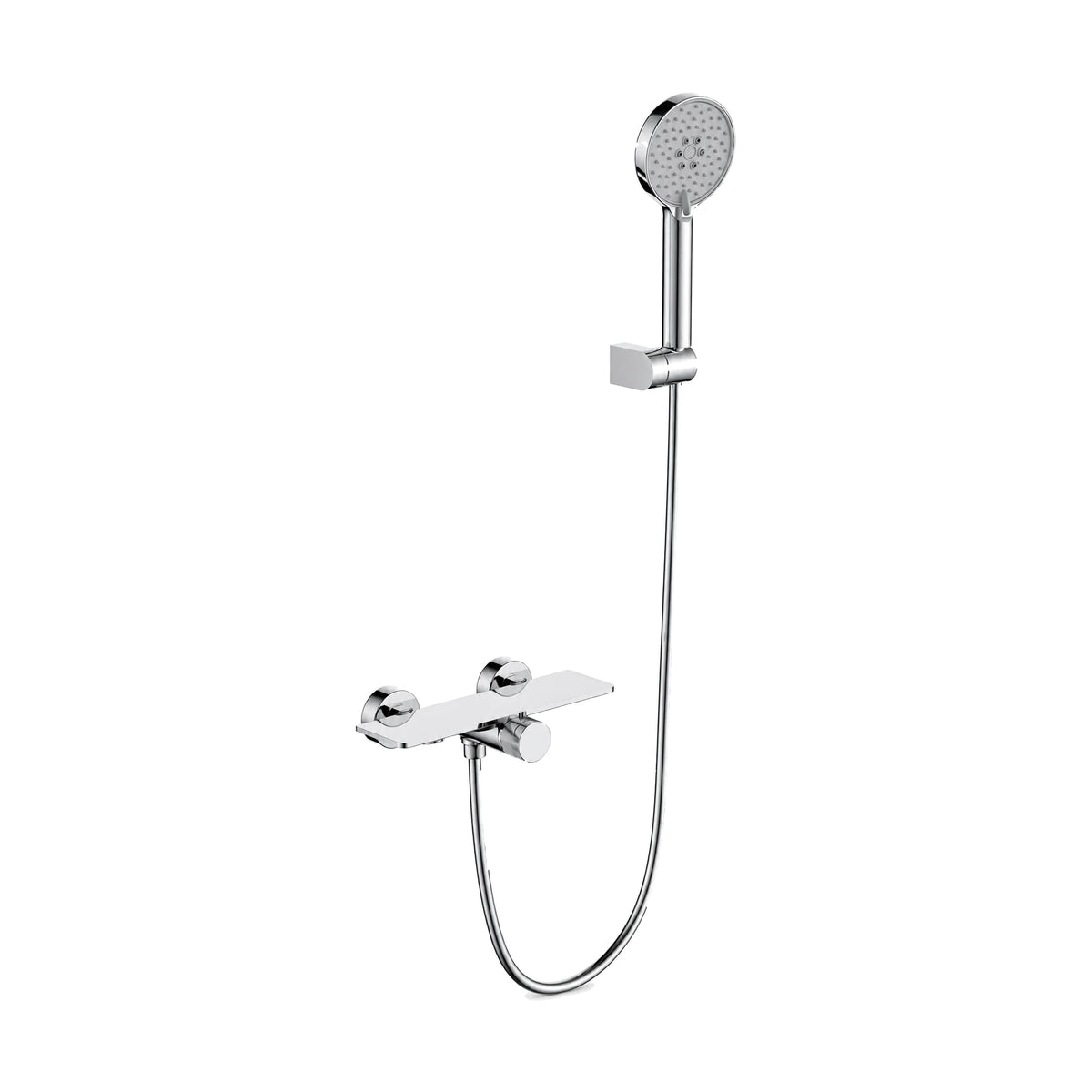 Chrome — Exposed bar mixer with flat shelf top, knurled knob and round handheld on wall holder, in four finishes — SANIKB DL-08 247-CP