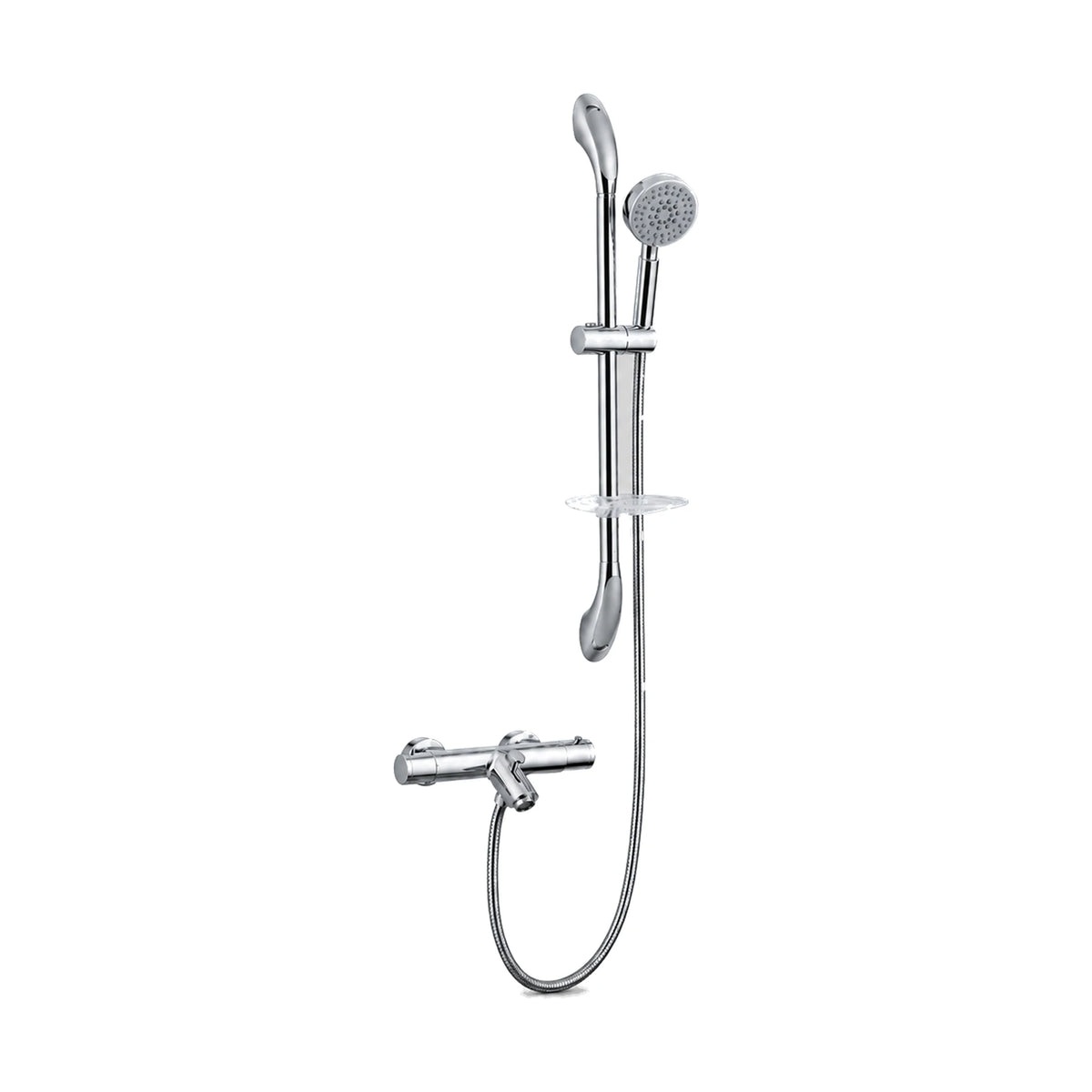 Chrome bar mixer with tub spout, two end handles, slide rail, soap dish and round multi-function handheld — SANIKB DL-08 142-CP