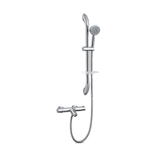 Chrome bar mixer with tub spout, two end handles, slide rail, soap dish and round multi-function handheld — SANIKB DL-08 142-CP