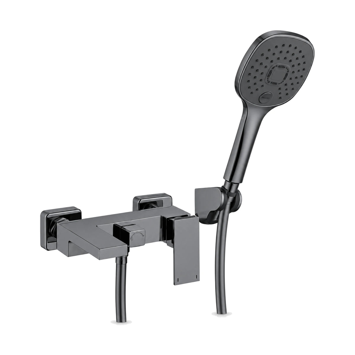 Gun Metal Grey — Matte black square wall bath mixer with short square tub spout, flat blade lever and handheld on holder — SANIKB DL-08 250-QH