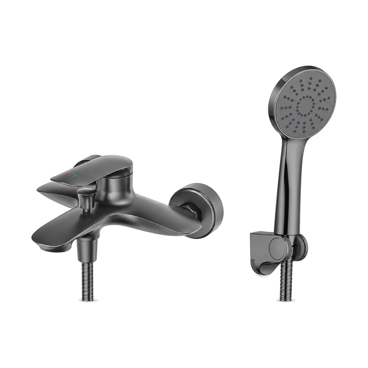 Gun Metal Grey — Matte black curved wall bath mixer with swept paddle lever, flat tub spout and round hand shower on bracket — SANIKB DL-08 080-QH