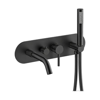 Matte black tub and shower faucet set with oval wall backplate, curved tube spout and stick handheld — SANIKB SO596B 12 31 1