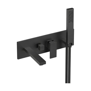 Matte black tub and shower set with long rectangular backplate, flat spout, square lever and stick handheld — SANIKB SO596A 12 31 1