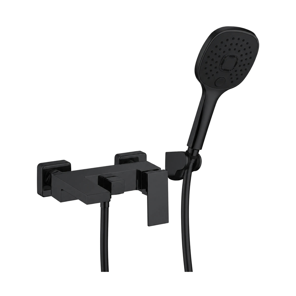 Matte Black — Matte black square wall bath mixer with short square tub spout, flat blade lever and handheld on holder — SANIKB DL-08 250-BK