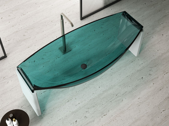 Turquoise Curved Transparent Bathtub on Slim End Supports; original factory model TW-8996T-2 catalogue detail view 1