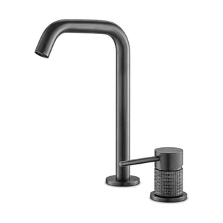 Gun metal grey two-piece deck faucet: tall right-angle bent spout and ribbed side valve with pin lever — SANIKB B064 29 45 1
