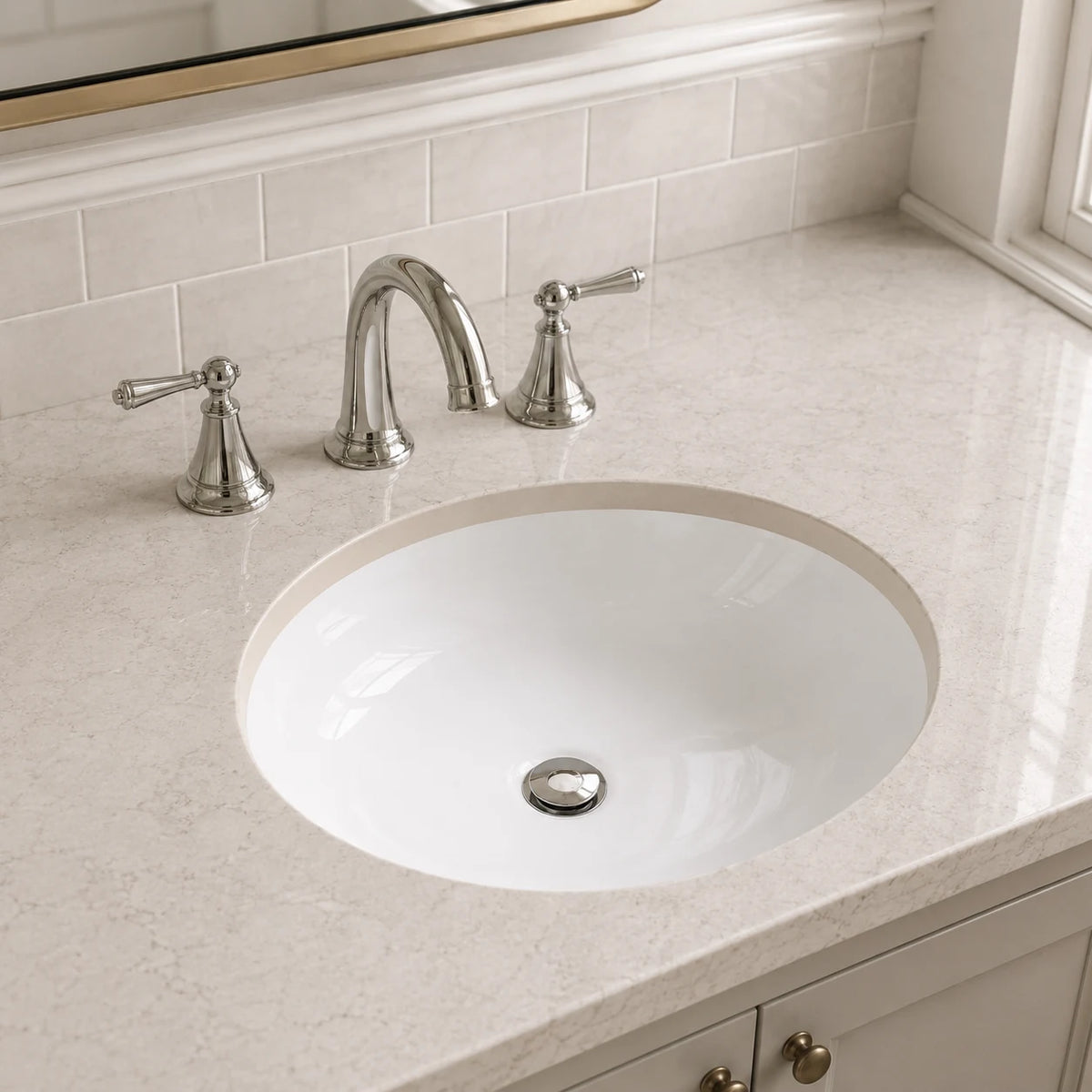 Undermount bathroom sink installed in a styled bathroom — lifestyle scene, SANIKB SN001.