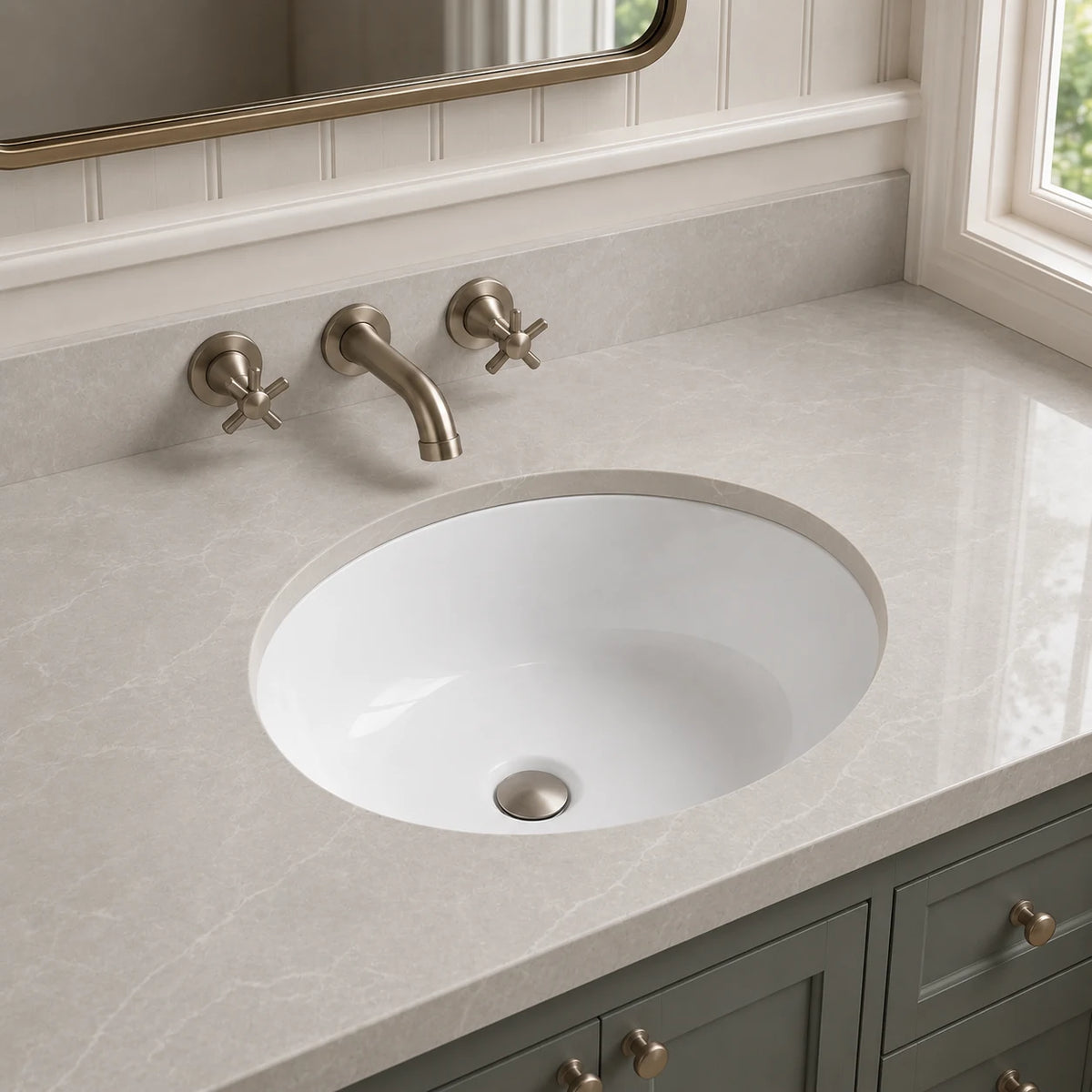 Undermount bathroom sink installed in a styled bathroom — lifestyle scene, SANIKB SN007.