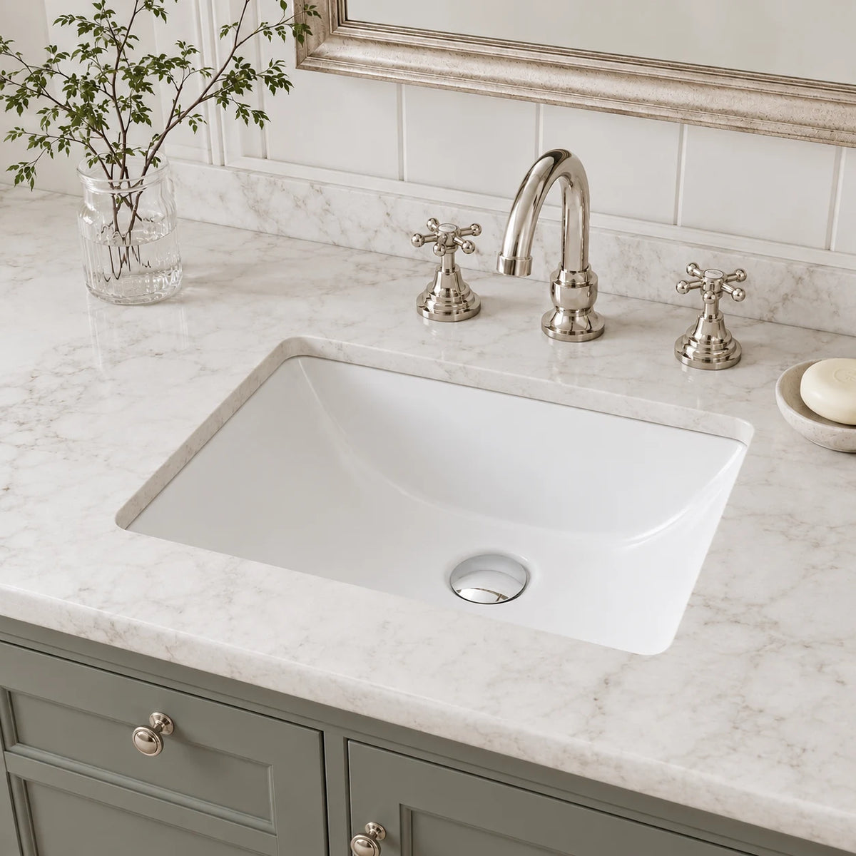Undermount bathroom sink installed in a styled bathroom — lifestyle scene, SANIKB SN015.