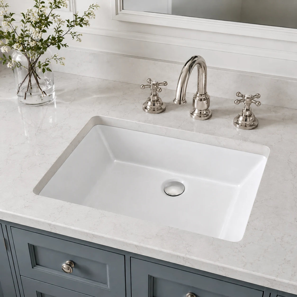 Undermount bathroom sink installed in a styled bathroom — lifestyle scene, SANIKB SN016.