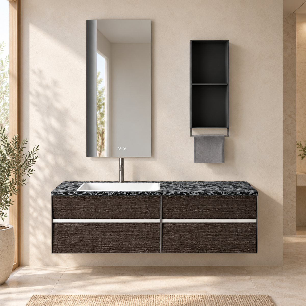 SANIKB NB-3006-150 vanity cabinet, basin and matching mirror in a calm illustrative bathroom setting