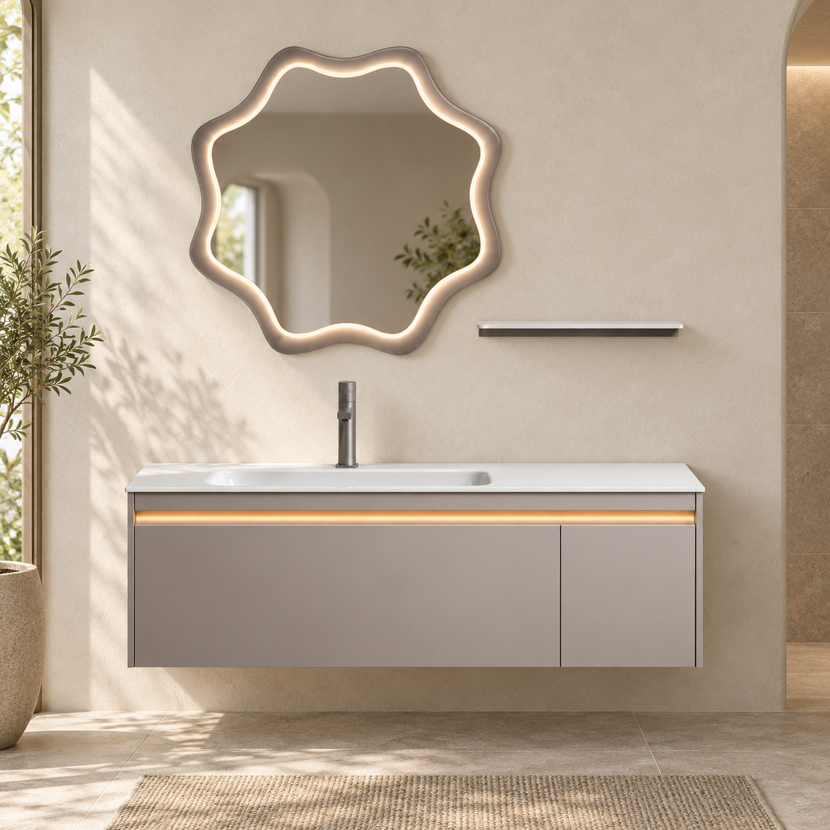 SANIKB NB-3011-120 vanity cabinet, basin and matching mirror in a calm illustrative bathroom setting