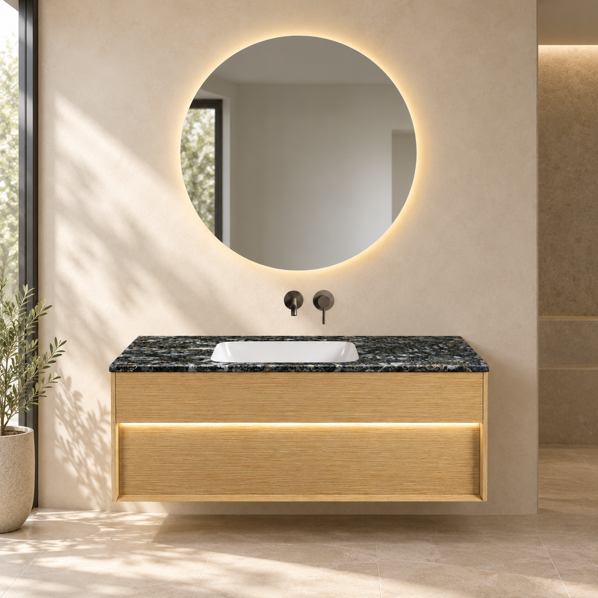 SANIKB NB-3012-100 vanity cabinet, basin and matching mirror in a calm illustrative bathroom setting