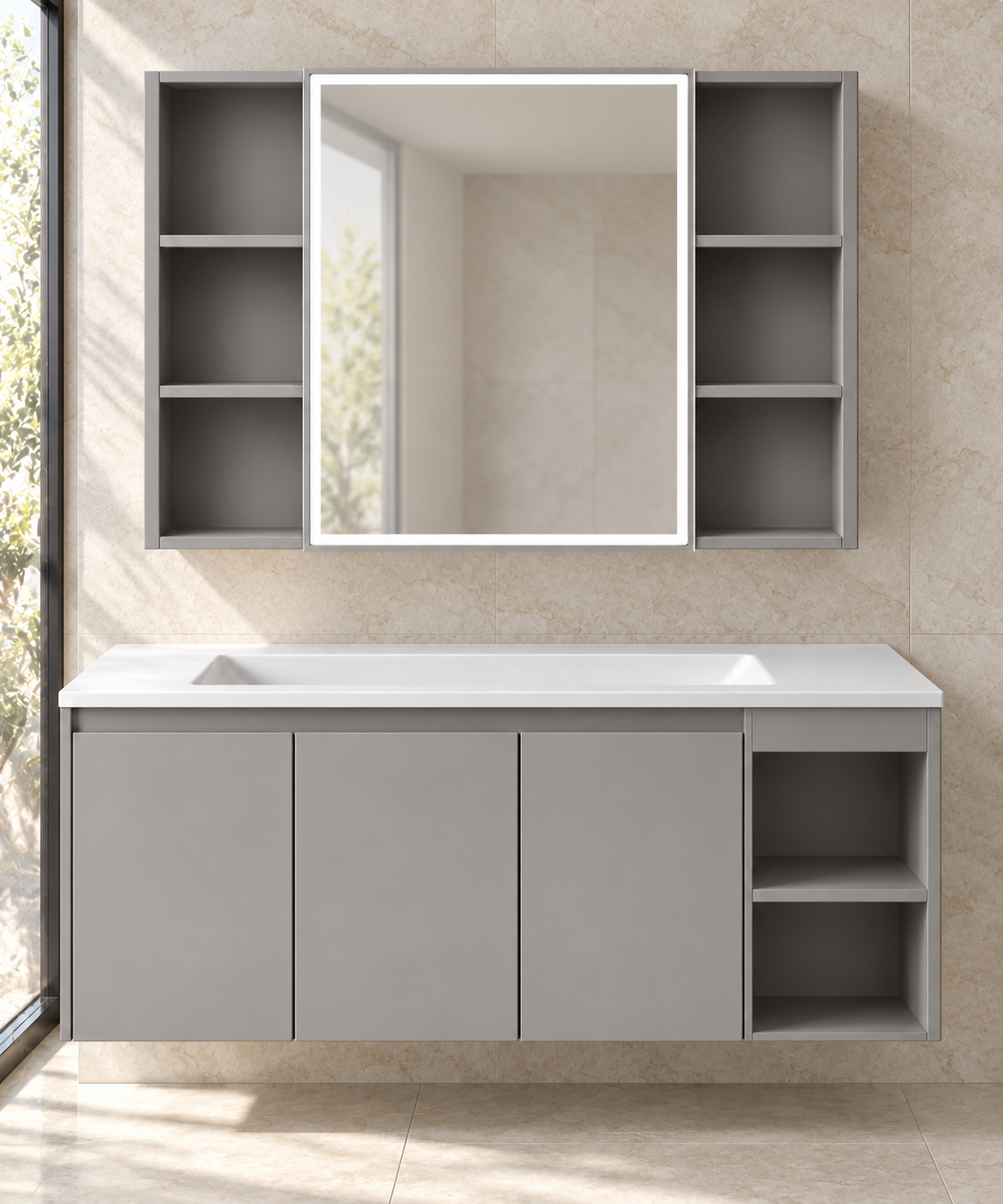 Smart Anti-Fog Jazz Grey Vanity with Open Shelves bathroom scene — NB-503A-1000