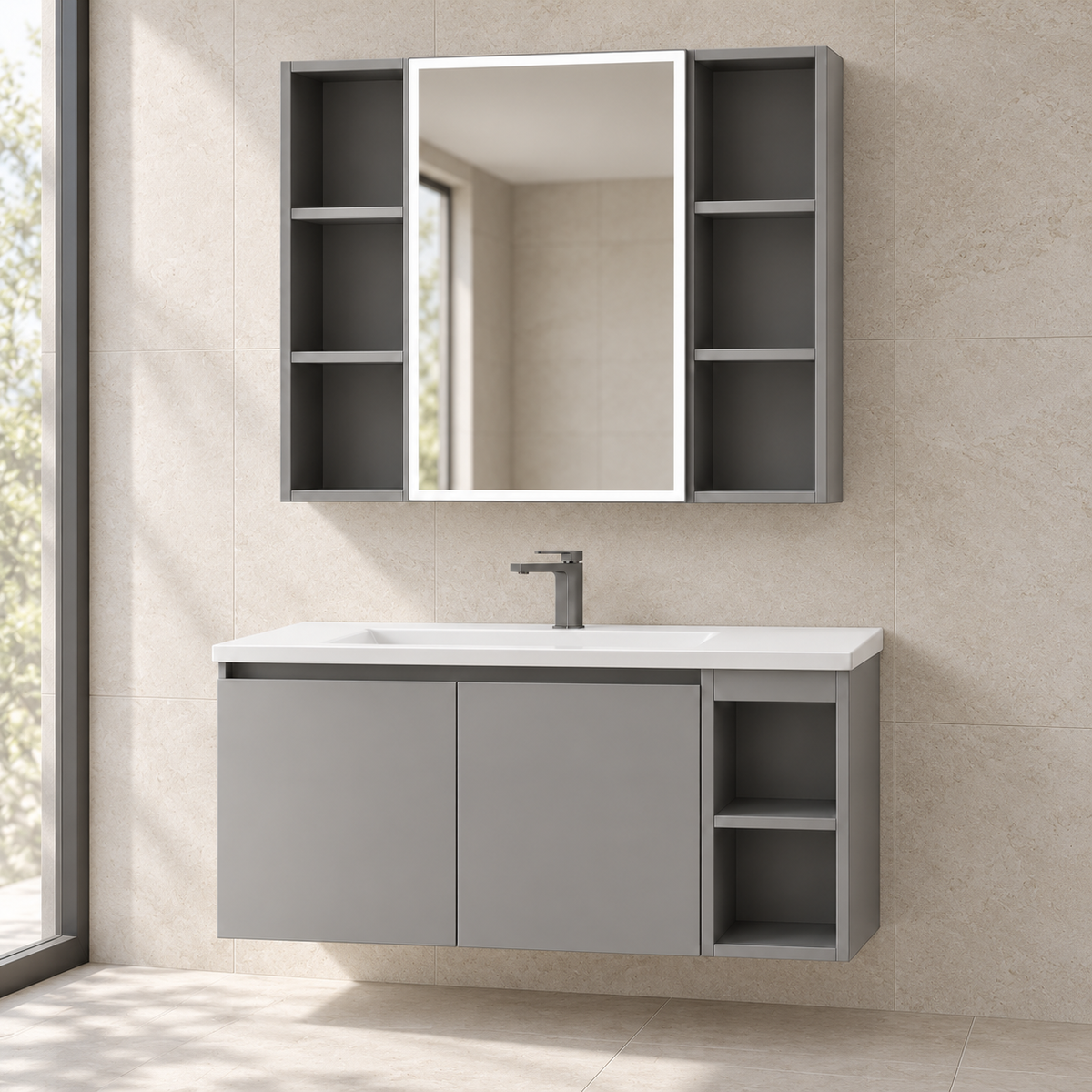Smart Anti-Fog Jazz Grey Vanity with Open Shelves bathroom scene — NB-503A-900