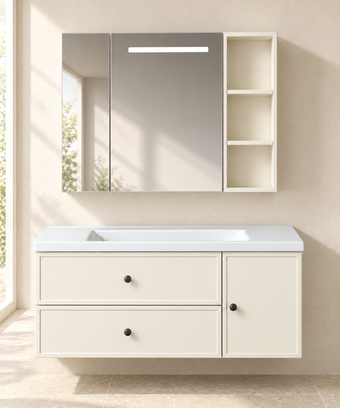 Cream White Drawer Vanity with Smart Mirror bathroom scene — NB-507A-1000